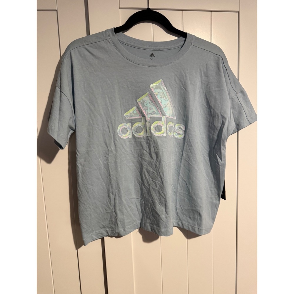 Adidas Girls XL Light Blue‎ Glitter Logo Loose Fit T Shirt Short Sleeve Casual